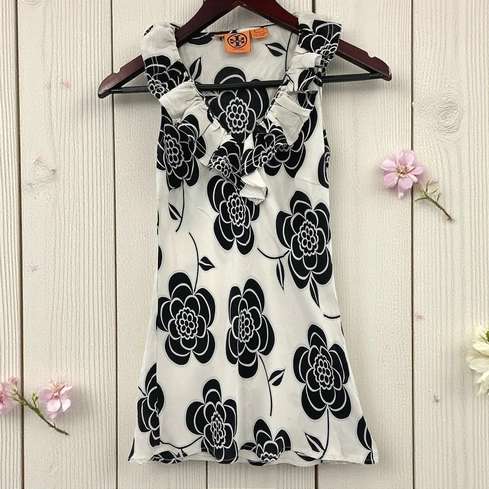Tory Burch Silk Floral Ruffle Neck‎ Sleeveless Top Womens Size 4 Black White